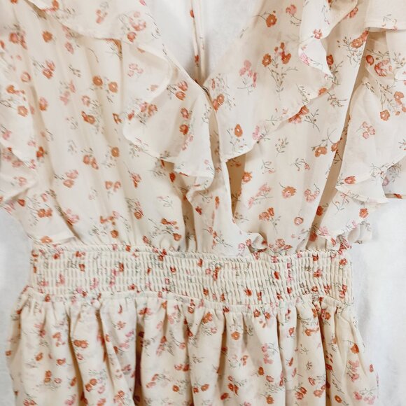 Sabo Skirt, Mini Dress, Ruffled, Open Back, Cream/Orange Floral, Size Medium - Picture 4 of 16